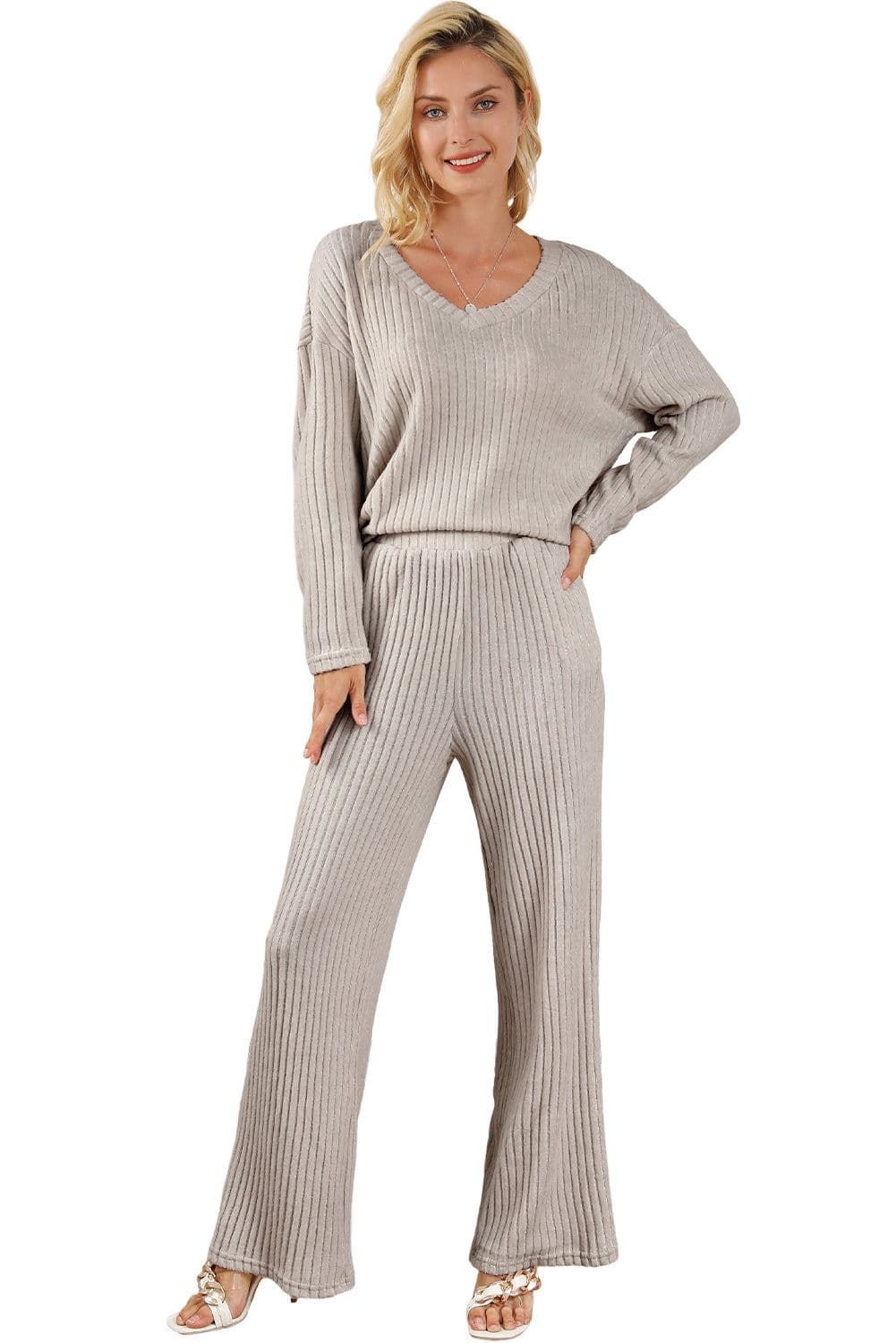 image-Ribbed Knit V Neck Slouchy Two-Piece Outfit - Khaki Modern Chic