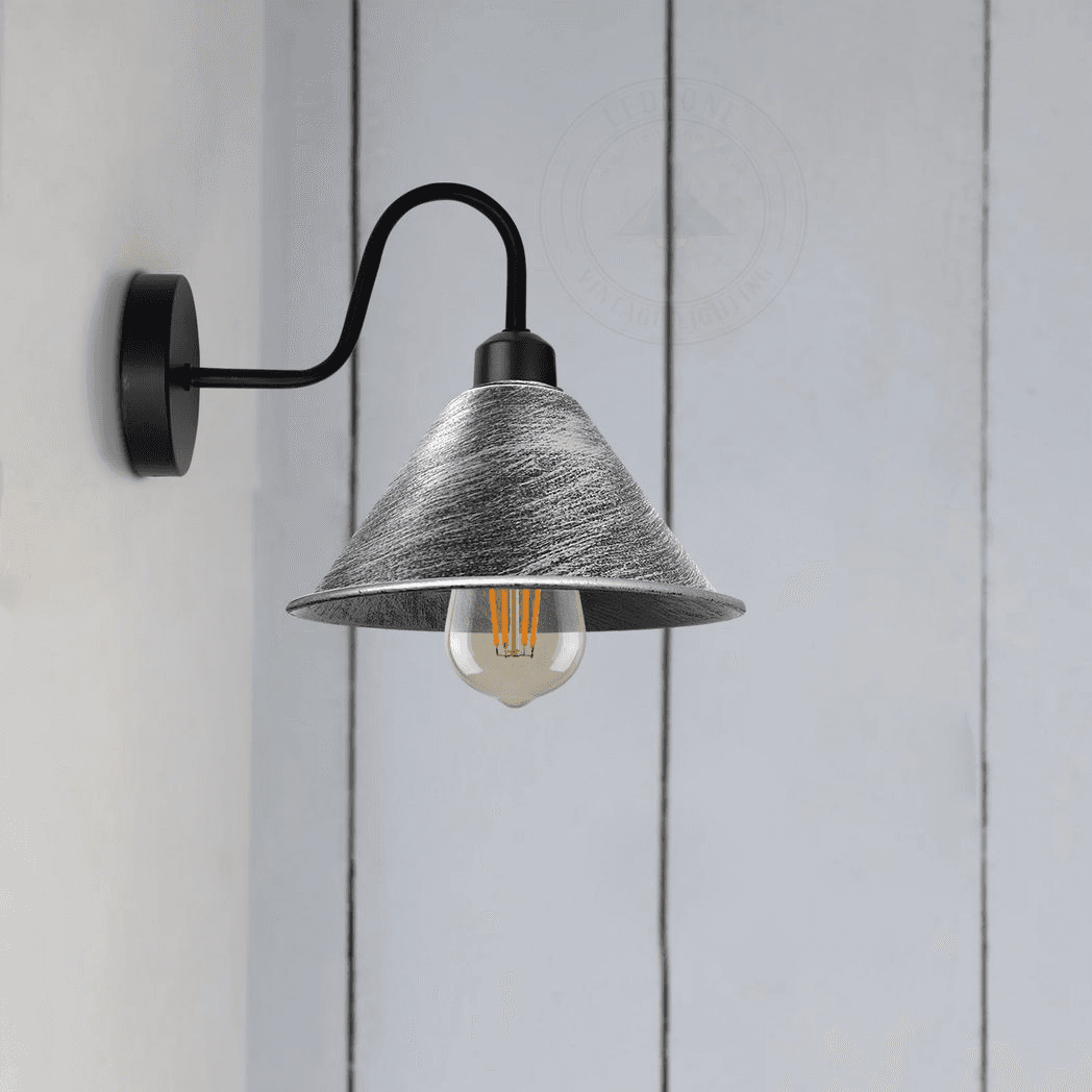 image-Brushed Silver Vintage Wall Light Fixture Black Wall Sconce E27 Socket Screw Wall Mounted Swan Neck Cone Shape Shade