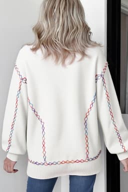 image-White Rainbow Stitching Balloon Sleeve Sweater