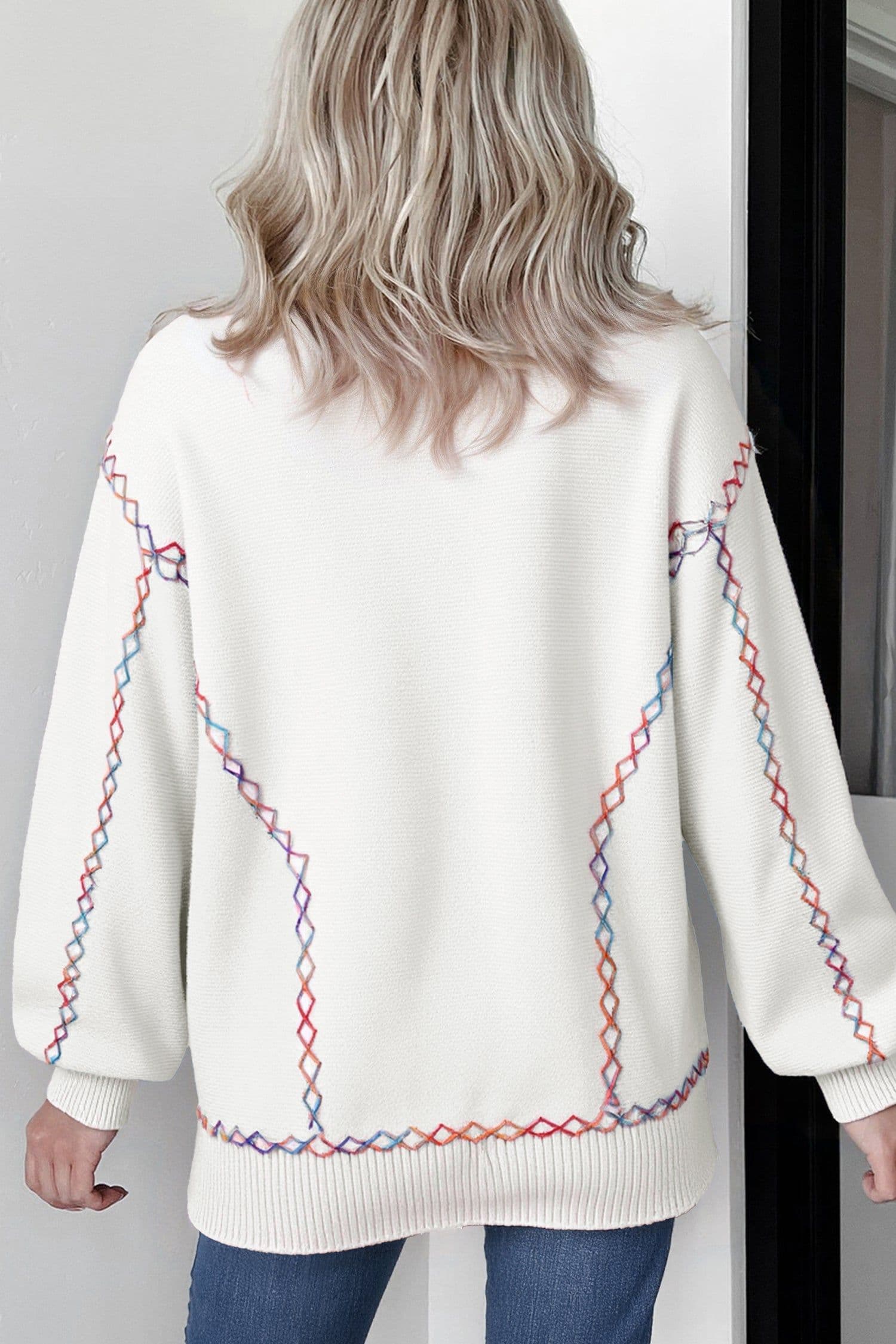 image-White Rainbow Stitching Balloon Sleeve Sweater