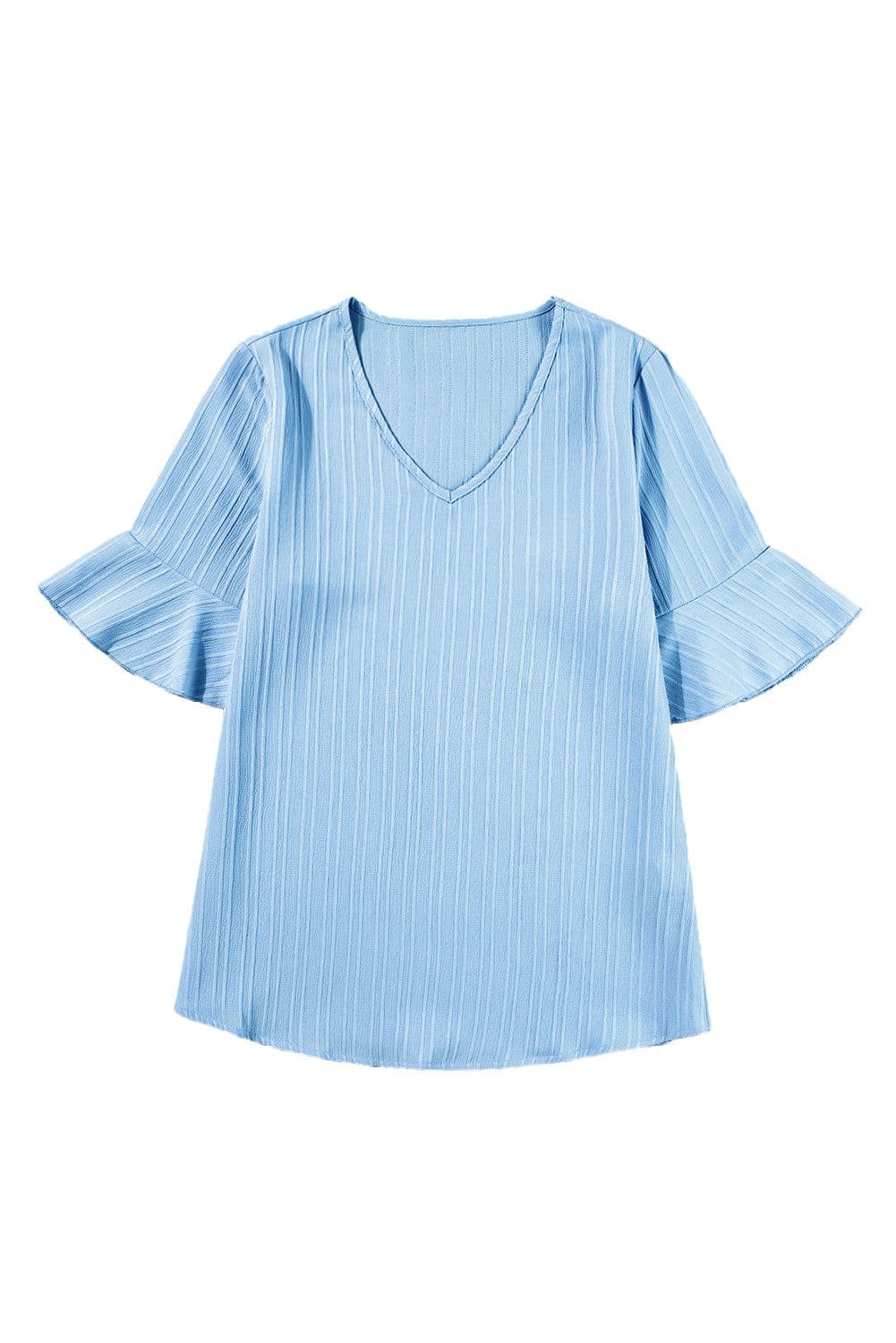 image-Peach Blossom Ruffled Half Sleeve V Neck Textured Top