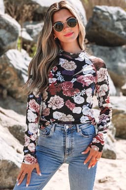 image-Pink Mesh Floral Print Mock Neck Long Sleeve Top
