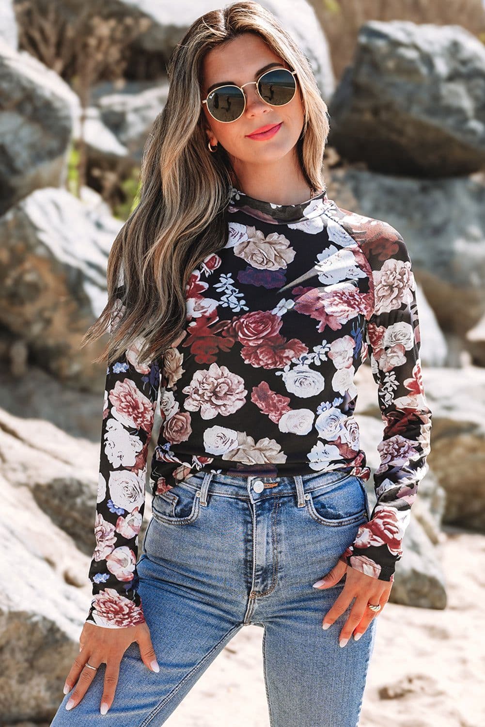image-Pink Mesh Floral Print Mock Neck Long Sleeve Top