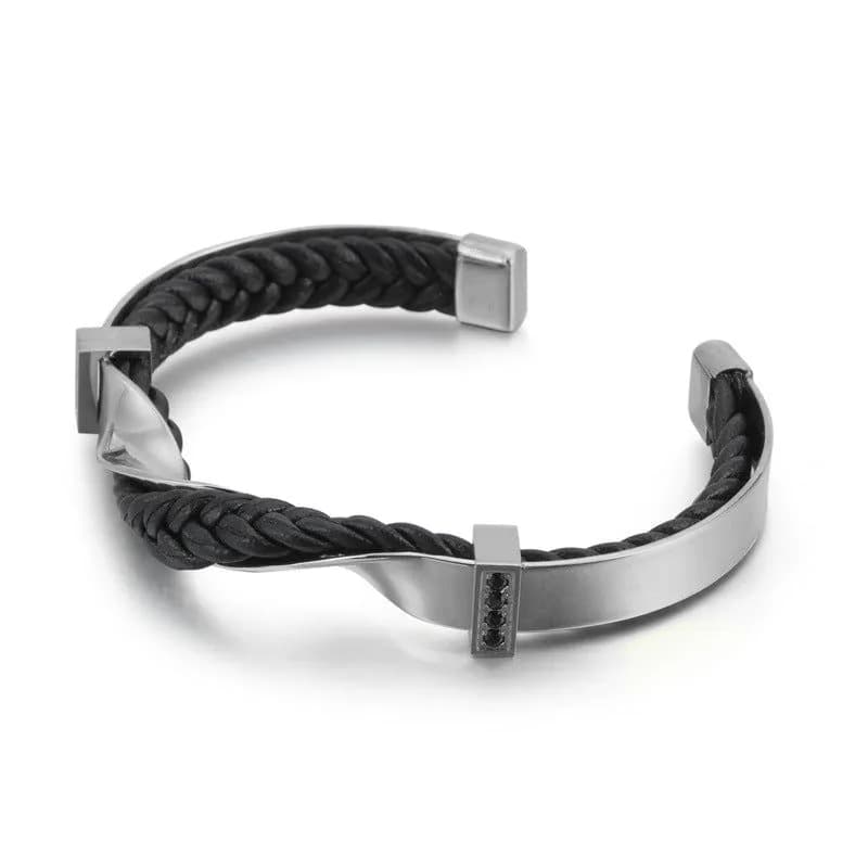 image-Stainless Steel Leather Bracelet European and American Black Titanium Steel Men's Diamond Bracelet Open Leather Bracelet Jewelry Spot Wholesale
