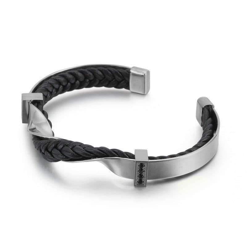 image-Stainless Steel Leather Bracelet European and American Black Titanium Steel Men's Diamond Bracelet Open Leather Bracelet Jewelry Spot Wholesale