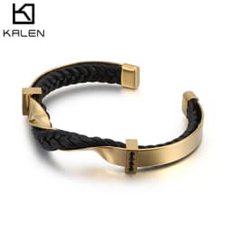 image-Stainless Steel Leather Bracelet European and American Black Titanium Steel Men's Diamond Bracelet Open Leather Bracelet Jewelry Spot Wholesale