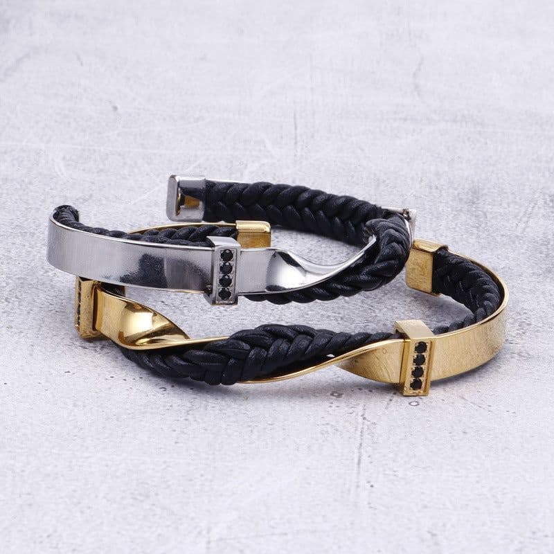 image-Stainless Steel Leather Bracelet European and American Black Titanium Steel Men's Diamond Bracelet Open Leather Bracelet Jewelry Spot Wholesale