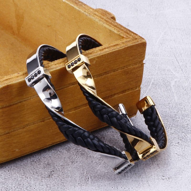 image-Stainless Steel Leather Bracelet European and American Black Titanium Steel Men's Diamond Bracelet Open Leather Bracelet Jewelry Spot Wholesale