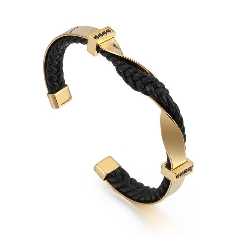image-Stainless Steel Leather Bracelet European and American Black Titanium Steel Men's Diamond Bracelet Open Leather Bracelet Jewelry Spot Wholesale