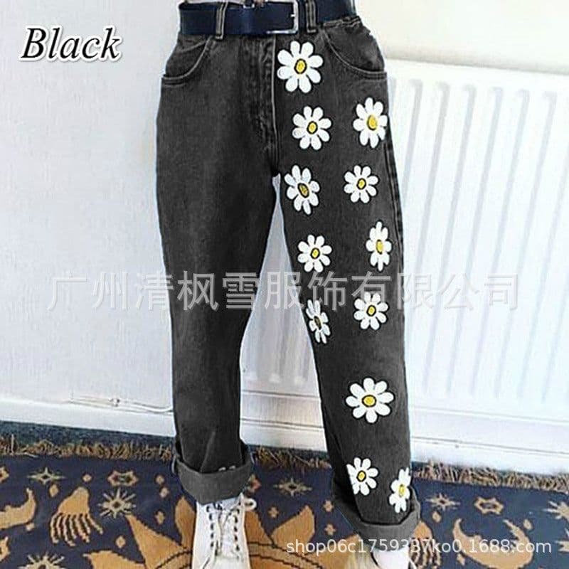image-Factory direct sales cross-border European and American wish Amazon hot-selling fashion ladies jeans printed thin denim trousers