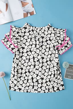 image-Pink Floral Ruffle Sleeve Blouse - Layered Contrast Ric Rac