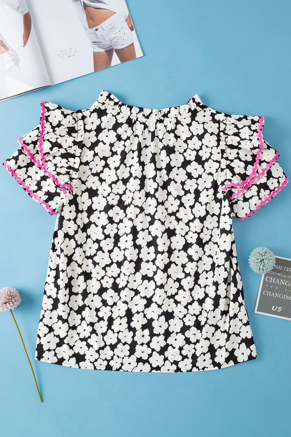 image-Pink Floral Ruffle Sleeve Blouse - Layered Contrast Ric Rac