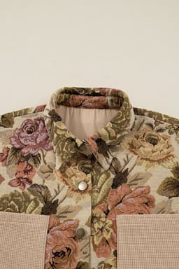 image-Khaki Floral Waffle Knit Patchwork Buttoned Jacket