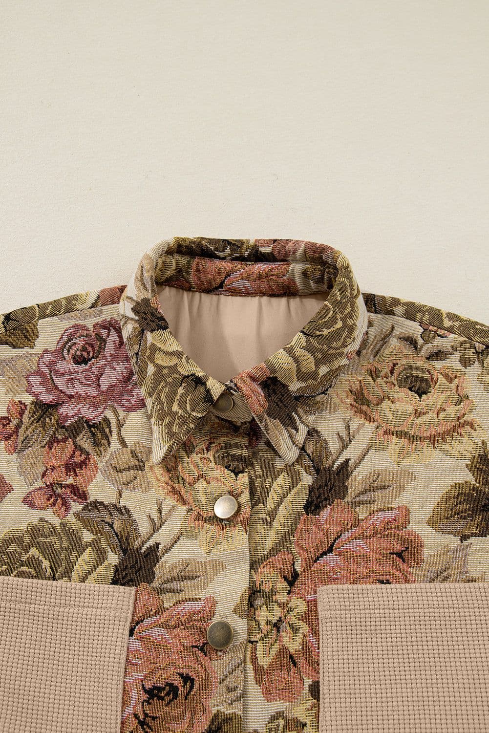image-Khaki Floral Waffle Knit Patchwork Buttoned Jacket