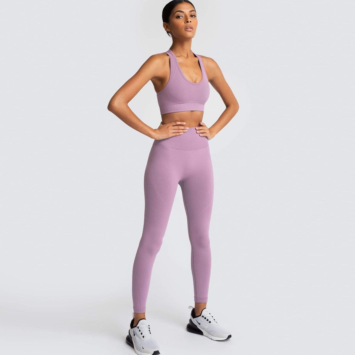 image-Hot-selling seamless yoga clothes in Europe and America with hip hip fitness beauty back sports bra high waist hip hip tight yoga pants