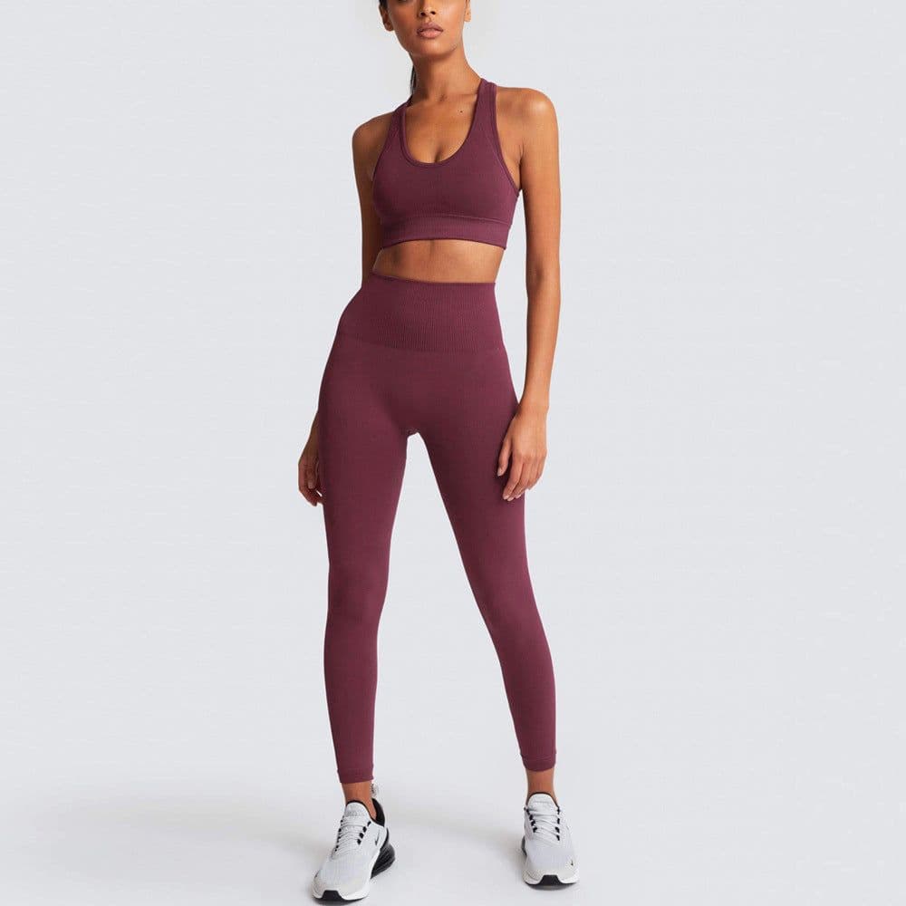 image-Hot-selling seamless yoga clothes in Europe and America with hip hip fitness beauty back sports bra high waist hip hip tight yoga pants