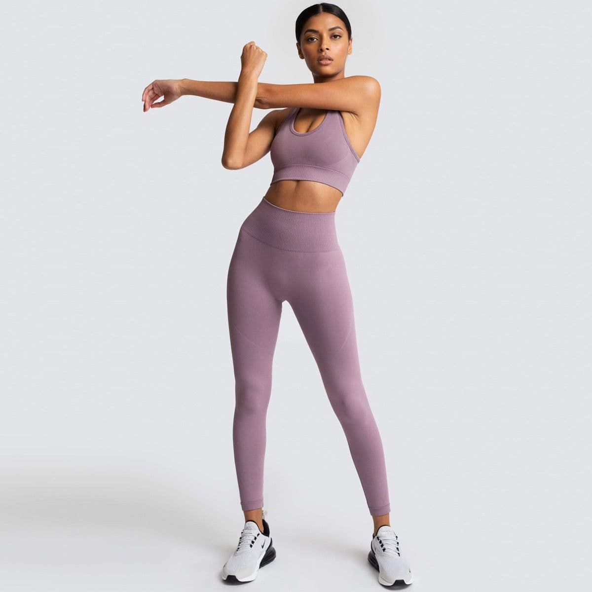 image-Hot-selling seamless yoga clothes in Europe and America with hip hip fitness beauty back sports bra high waist hip hip tight yoga pants