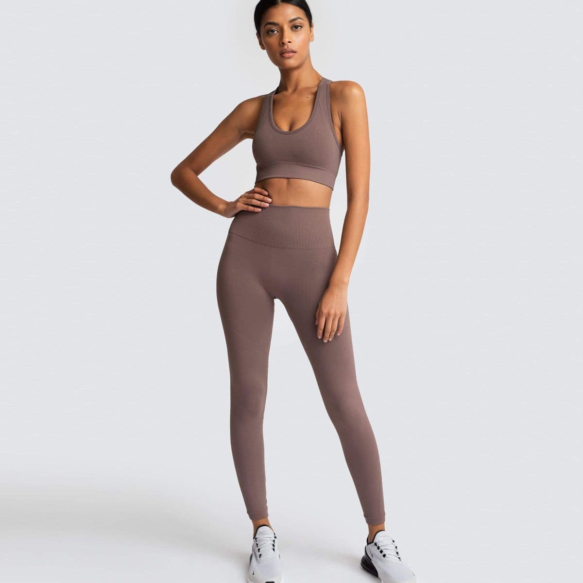 image-Hot-selling seamless yoga clothes in Europe and America with hip hip fitness beauty back sports bra high waist hip hip tight yoga pants