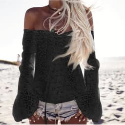 image-White one-shoulder flared sleeve lace top Off-the-shoulder fringed lace stitching top in stock