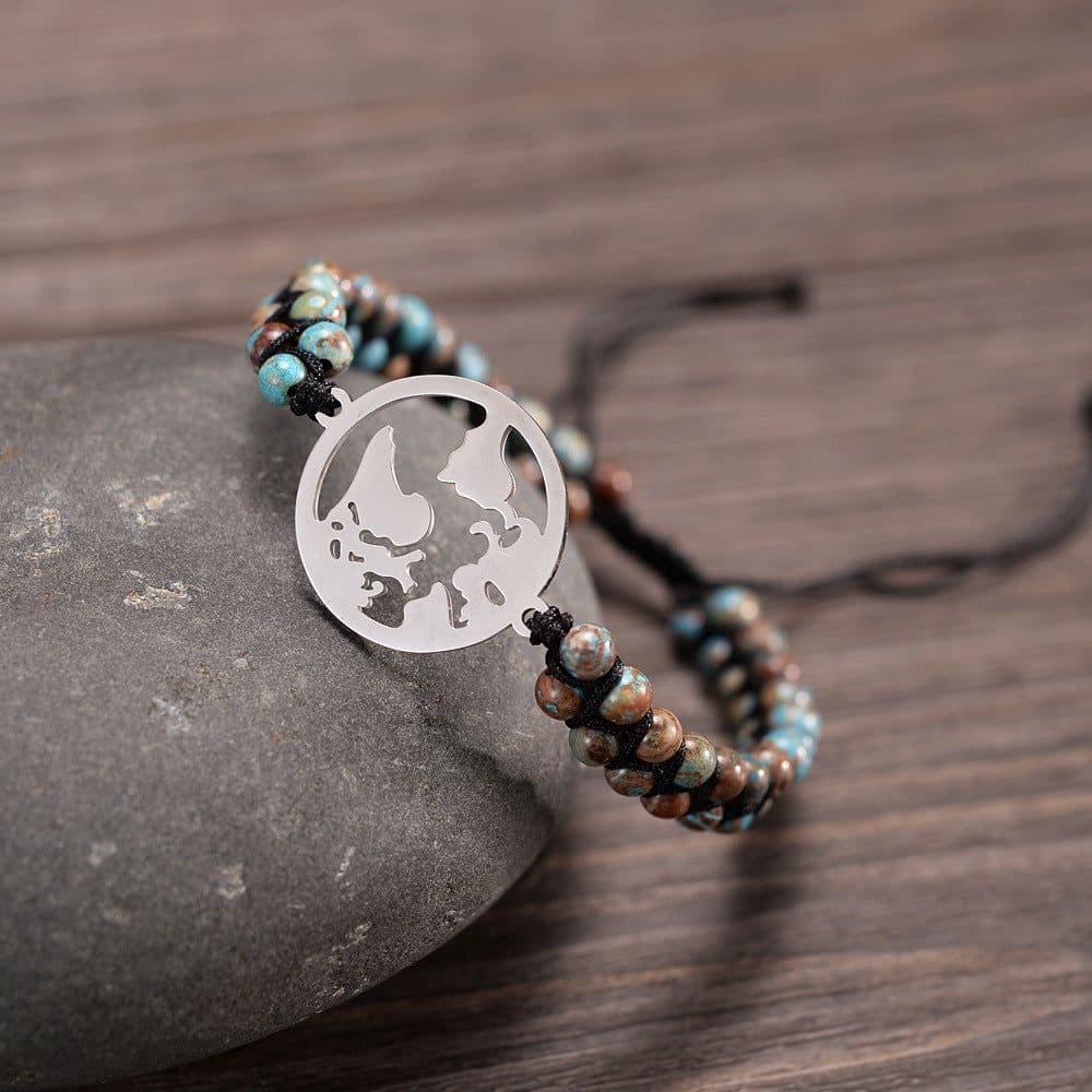 image-Stainless steel earth shaped bracelet Amazon Africa turquoise handmade beaded