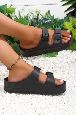 image-Black EVA Slippers with Double-Buckle Adjustable Fit