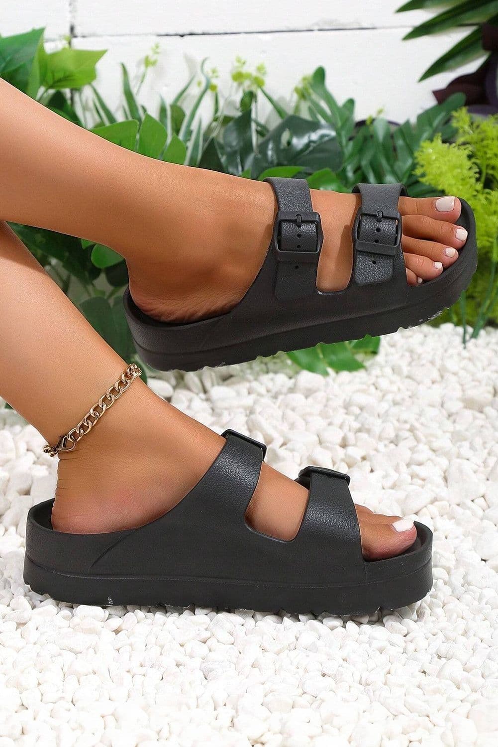 image-Black EVA Slippers with Double-Buckle Adjustable Fit