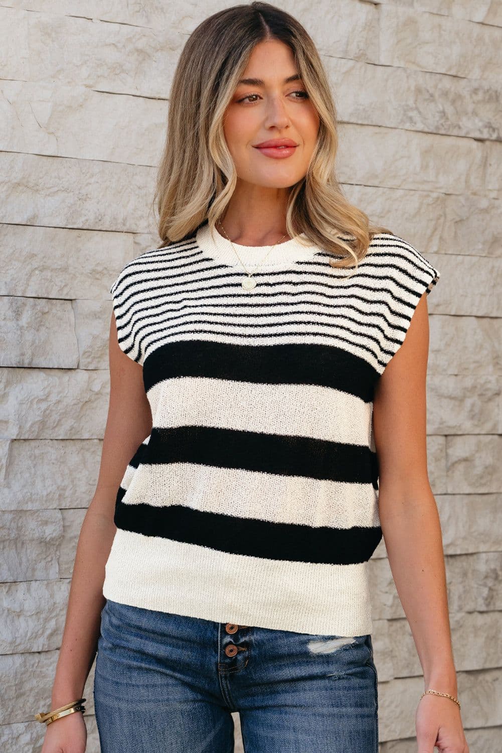 image-Black White Striped O Neck Sweater Vest