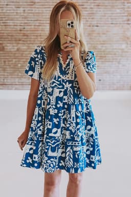 image-Blue Ricrac Trim Split Neck Floral Loose Dress