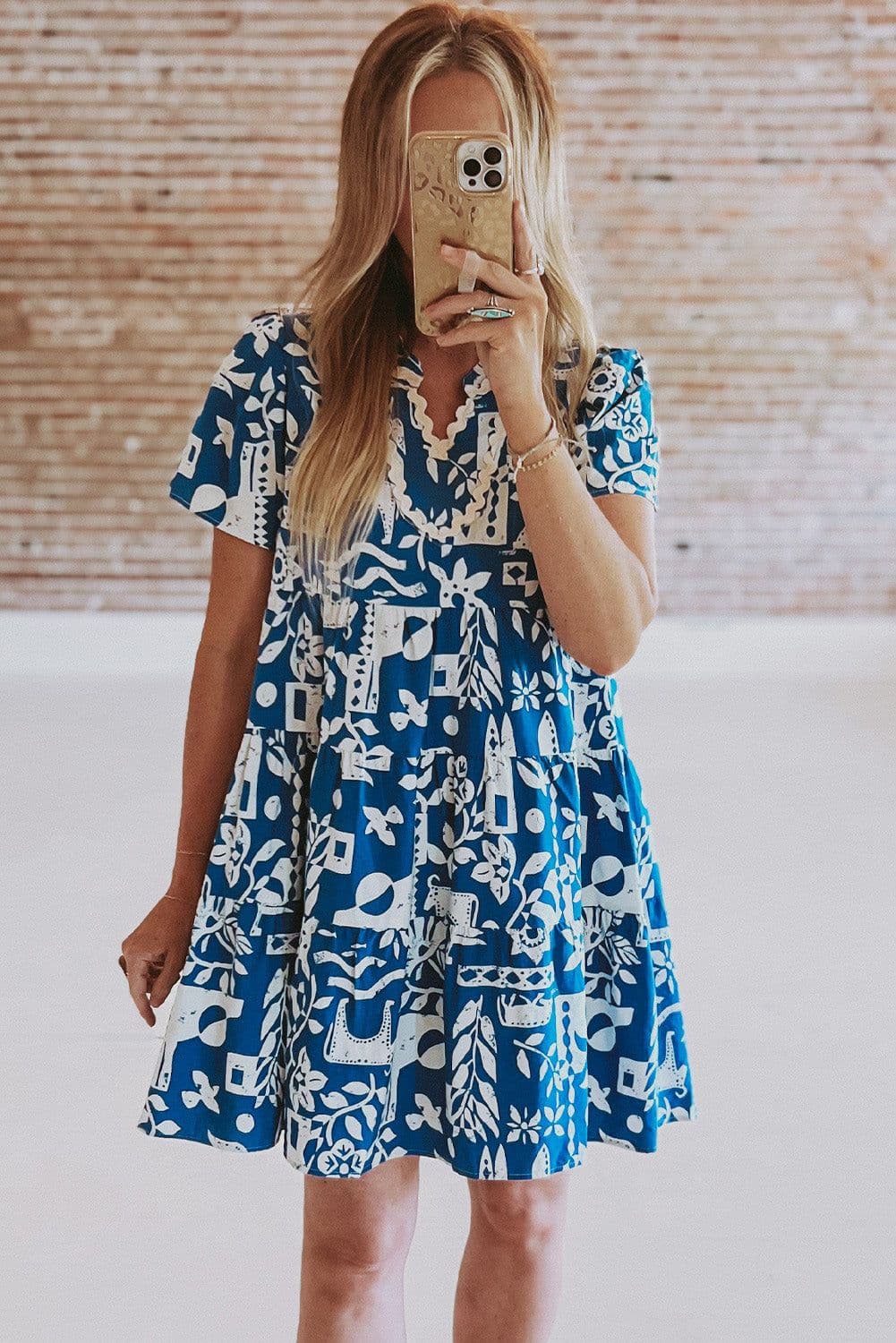image-Blue Ricrac Trim Split Neck Floral Loose Dress