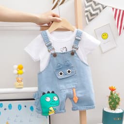 image-Children's casual summer clothes children's suit 0-4 years old boy cartoon pocket dinosaur T-shirt short-sleeved denim Korean overalls