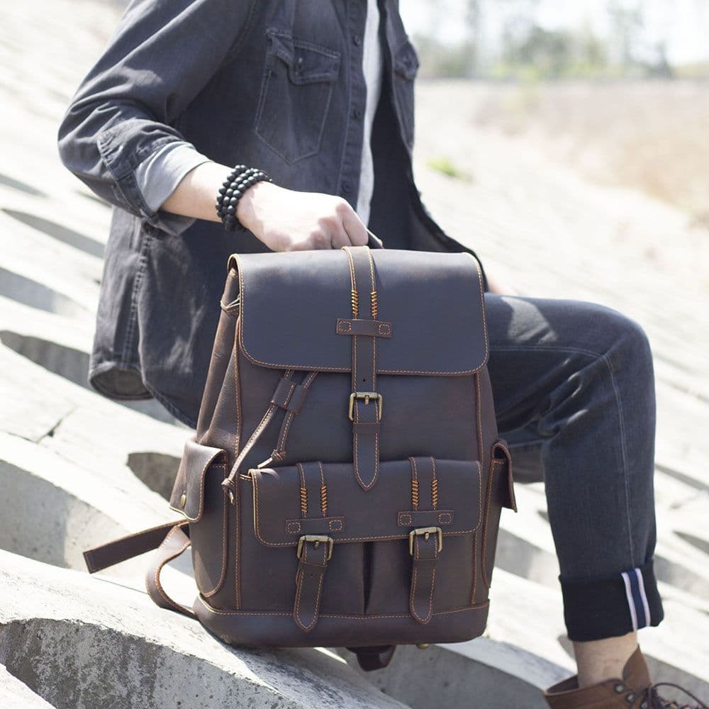 image-Retro handmade crazy horse leather backpack men's large capacity genuine leather school bag travel motorcycle bag foreign trade Amazon