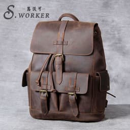 image-Retro handmade crazy horse leather backpack men's large capacity genuine leather school bag travel motorcycle bag foreign trade Amazon