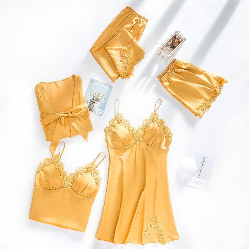 image-Ice silk pajamas women summer thin section sexy lace suspenders nightdress nightgown five-piece long-sleeved home service with chest pad