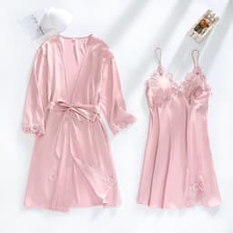 image-Ice silk pajamas women summer thin section sexy lace suspenders nightdress nightgown five-piece long-sleeved home service with chest pad