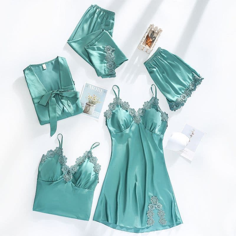 image-Ice silk pajamas women summer thin section sexy lace suspenders nightdress nightgown five-piece long-sleeved home service with chest pad