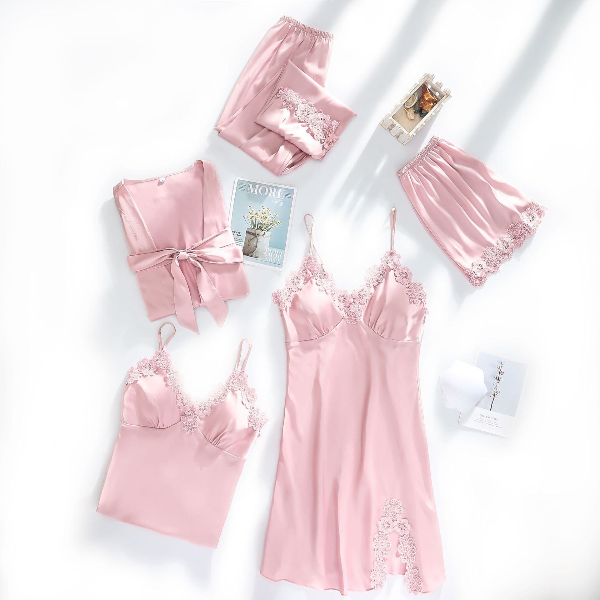 image-Ice silk pajamas women summer thin section sexy lace suspenders nightdress nightgown five-piece long-sleeved home service with chest pad