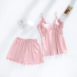 image-Ice silk pajamas women summer thin section sexy lace suspenders nightdress nightgown five-piece long-sleeved home service with chest pad