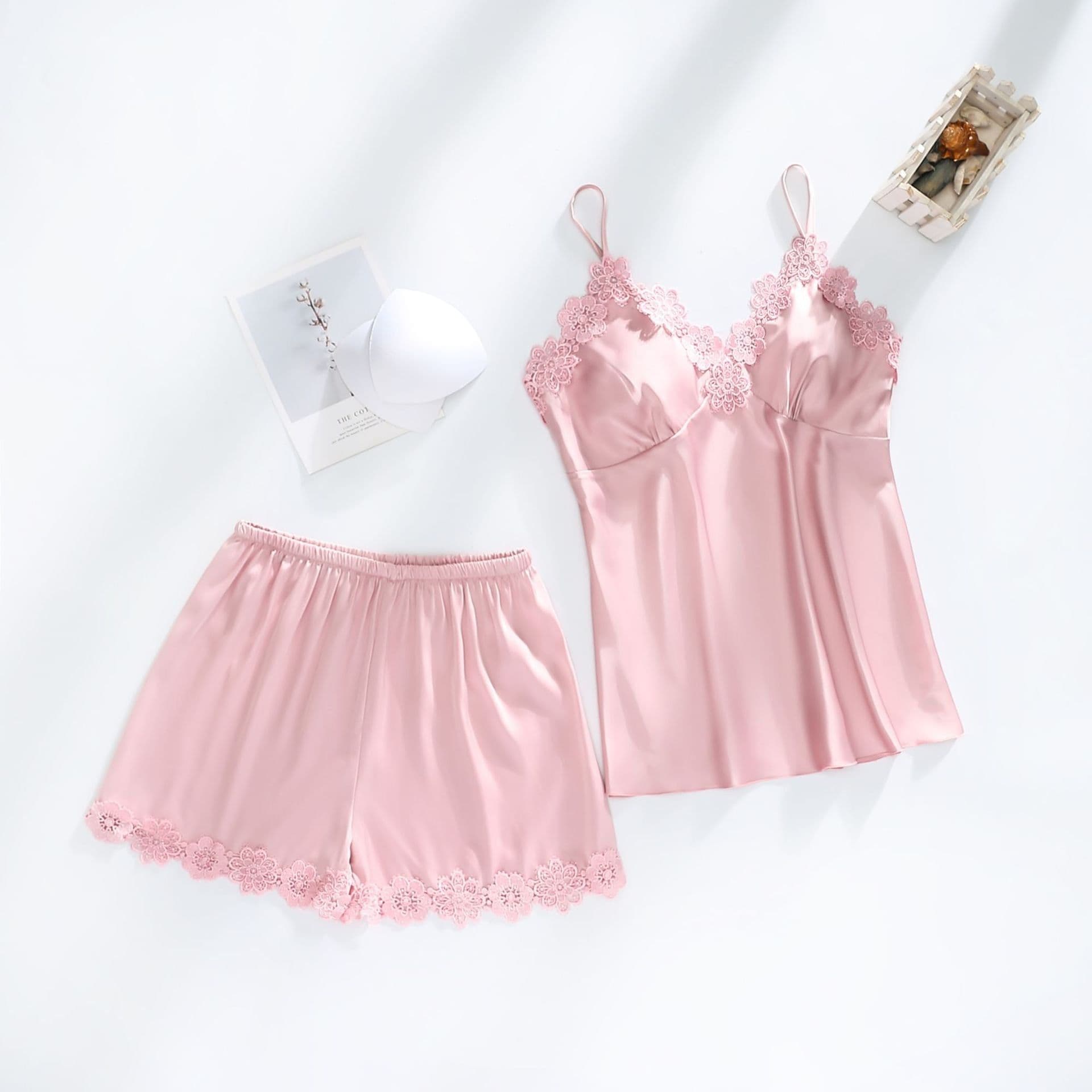 image-Ice silk pajamas women summer thin section sexy lace suspenders nightdress nightgown five-piece long-sleeved home service with chest pad