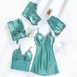 image-Ice silk pajamas women summer thin section sexy lace suspenders nightdress nightgown five-piece long-sleeved home service with chest pad