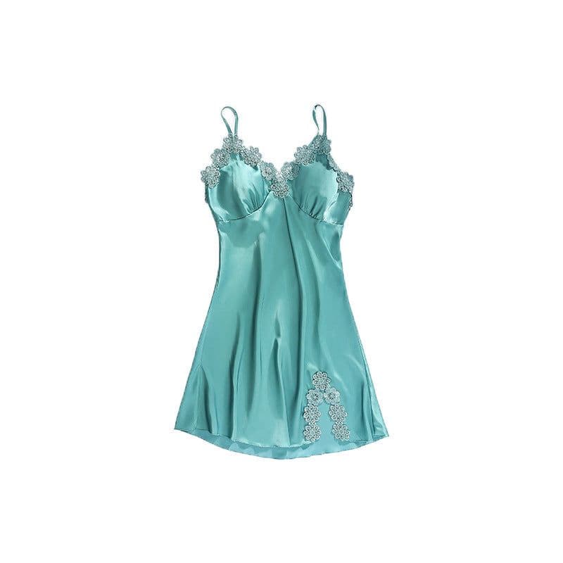 image-Ice silk pajamas women summer thin section sexy lace suspenders nightdress nightgown five-piece long-sleeved home service with chest pad