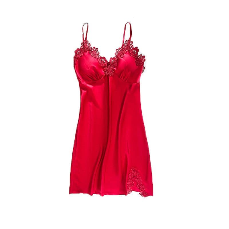 image-Ice silk pajamas women summer thin section sexy lace suspenders nightdress nightgown five-piece long-sleeved home service with chest pad
