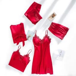 image-Ice silk pajamas women summer thin section sexy lace suspenders nightdress nightgown five-piece long-sleeved home service with chest pad