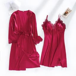 image-Ice silk pajamas women summer thin section sexy lace suspenders nightdress nightgown five-piece long-sleeved home service with chest pad