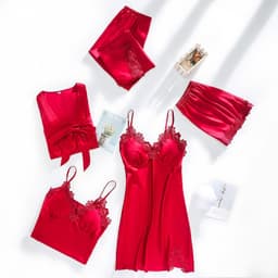 image-Ice silk pajamas women summer thin section sexy lace suspenders nightdress nightgown five-piece long-sleeved home service with chest pad