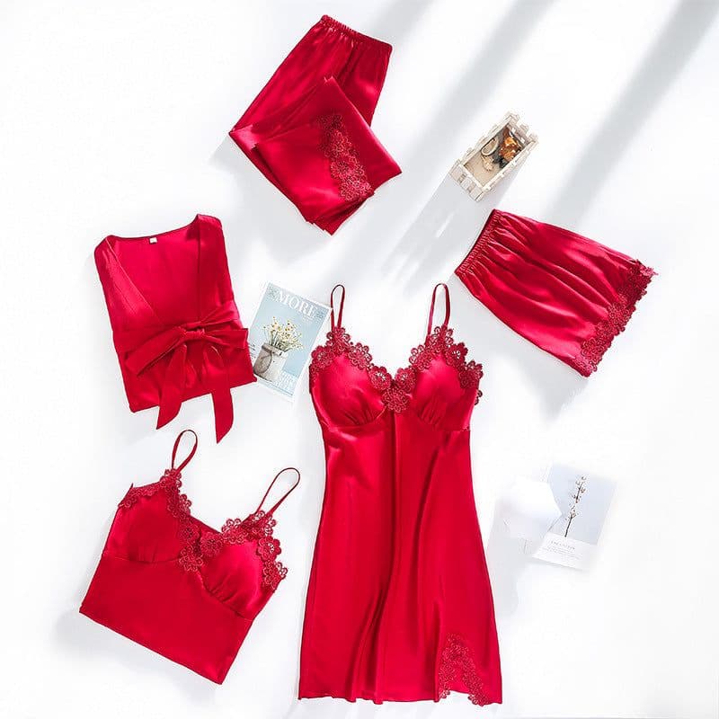 image-Ice silk pajamas women summer thin section sexy lace suspenders nightdress nightgown five-piece long-sleeved home service with chest pad