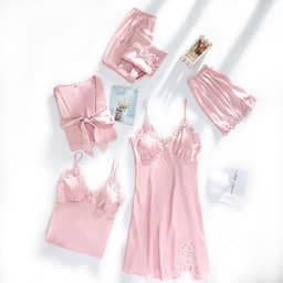 image-Ice silk pajamas women summer thin section sexy lace suspenders nightdress nightgown five-piece long-sleeved home service with chest pad