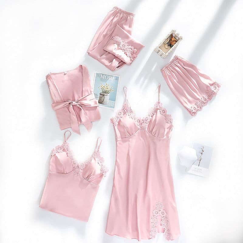 image-Ice silk pajamas women summer thin section sexy lace suspenders nightdress nightgown five-piece long-sleeved home service with chest pad