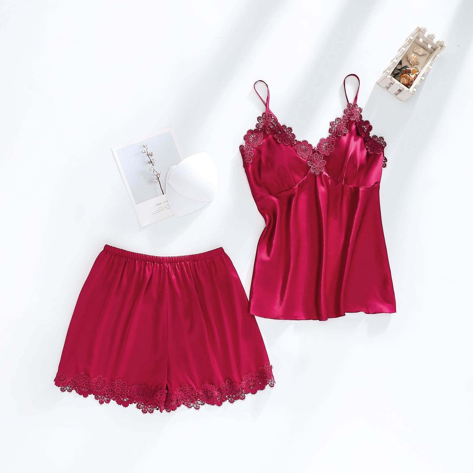image-Ice silk pajamas women summer thin section sexy lace suspenders nightdress nightgown five-piece long-sleeved home service with chest pad