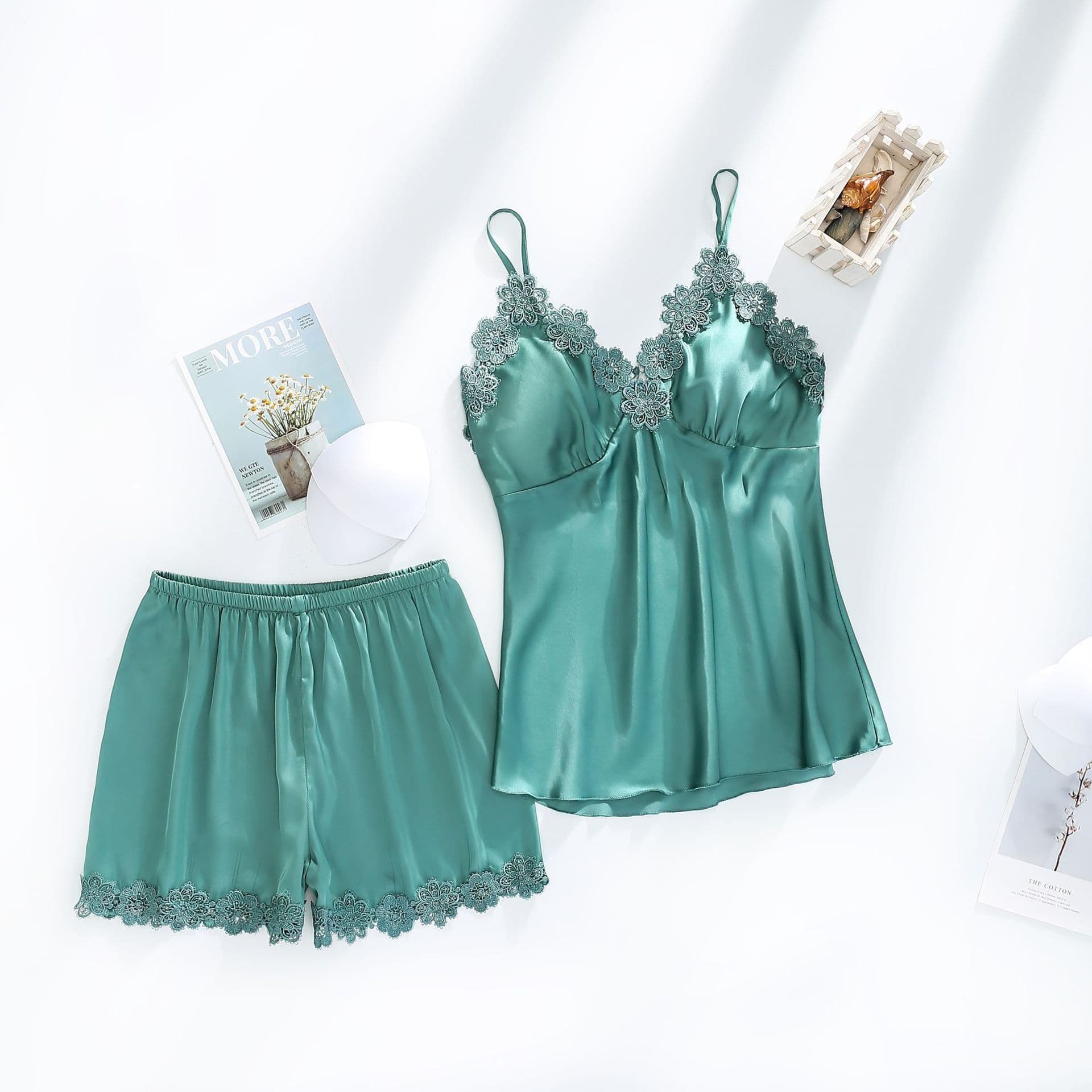 image-Ice silk pajamas women summer thin section sexy lace suspenders nightdress nightgown five-piece long-sleeved home service with chest pad