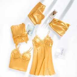 image-Ice silk pajamas women summer thin section sexy lace suspenders nightdress nightgown five-piece long-sleeved home service with chest pad